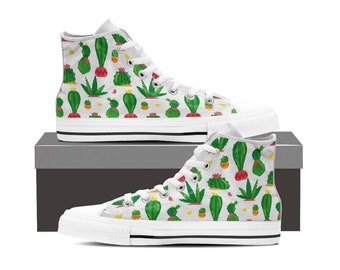 Canvas High Top Sneaker Casual Skate Shoe Mens Womens Colorful Cacti Cactus Flower 