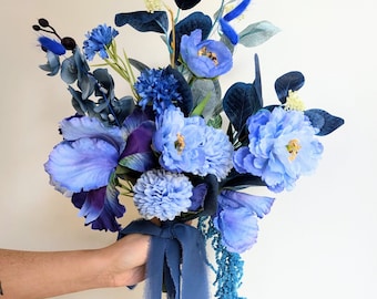 Blue Bridal Bouquet: Faux Peony, Iris & Dried Flower Arrangement