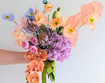 Bright Spring Wedding Bouquet: Faux Orchid, Poppy & Dried Flowers