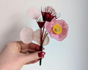 Red and Pink Faux Flower Groomsmen Boutonniere Buttonhole - Modern Dried Flower and Faux Flower - Handmade with Eucalyptus and Poppy