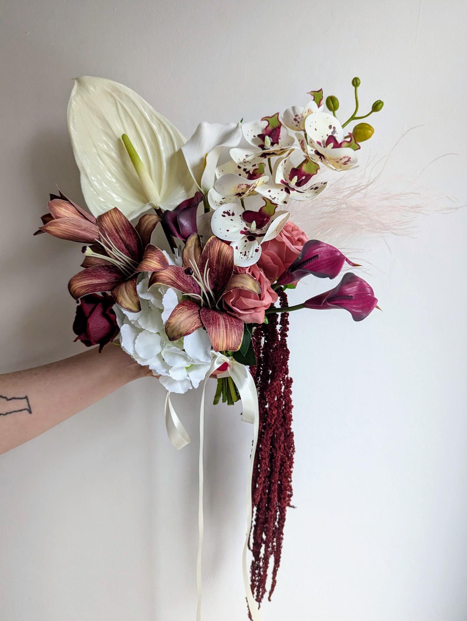 Modern Dried & Faux Flower Bouquet - Flower Arrangement for Home, Wedding, or Gift - Handmade with Amaranthus, Lily, Orchid White Burgundy