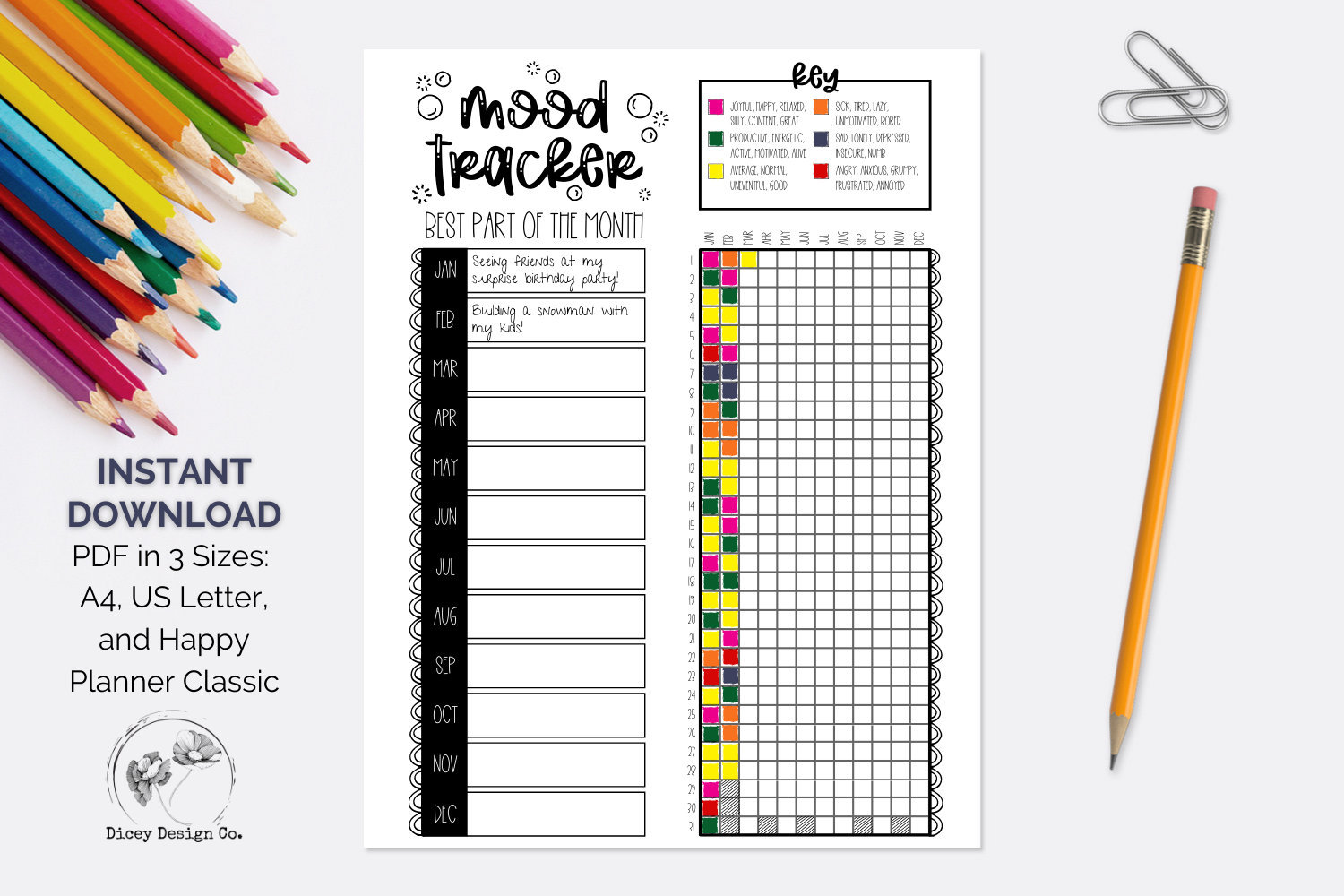 Mood Tracker Printable, Year in Pixels Printable, US Letter/a4/happy ...