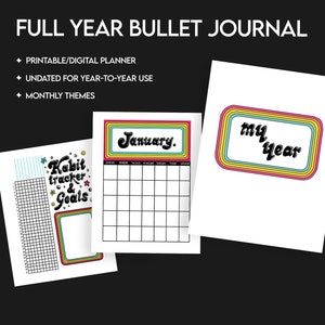 FULL YEAR Undated Bulleted Journal Digital Download Full Color | 12 Months of Different Retro Themes