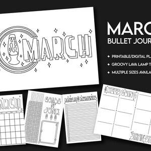 March 2025 Bulleted Journal Digital Download Black & White | Groovy Lava Lamp Theme