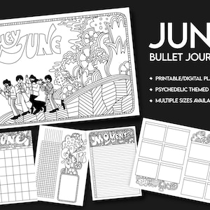 June 2025 Bulleted Journal Digital Download Black & White | Psychedelic Theme