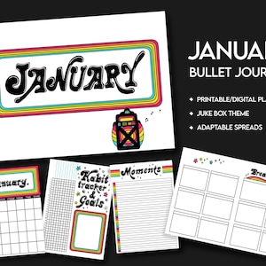 Könnte beinhalten: Druckbarer Januar-Bullet-Journal-Planer mit einem Retro-Jukebox-Thema. Das Cover zeigt ein farbenfrohes Regenbogen-Design mit dem Wort "Januar" in einer Retro-Schriftart. Der Planer enthält Seiten für Habit-Tracking, Zielsetzung und tägliches Journaling.