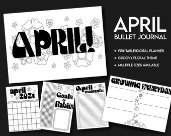 April 2024 Bulleted Journal Digital Download Black & White | Groovy Flower Power Theme