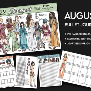 May include: A printable August bullet journal with a retro fashion theme. The cover features a group of women in 1970s style clothing with various patterns. The journal includes a calendar, goal setting pages, and blank pages for journaling.