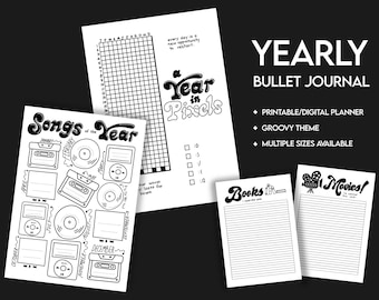 Yearly Bulleted Journal Digital Download Black & White | Groovy Theme