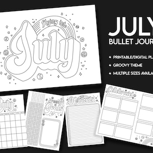 July 2025 Bulleted Journal Digital Download Black & White | Groovy Themed