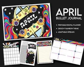 April 2024 Bulleted Journal Digital Download Full Color | Groovy Rainbow Theme