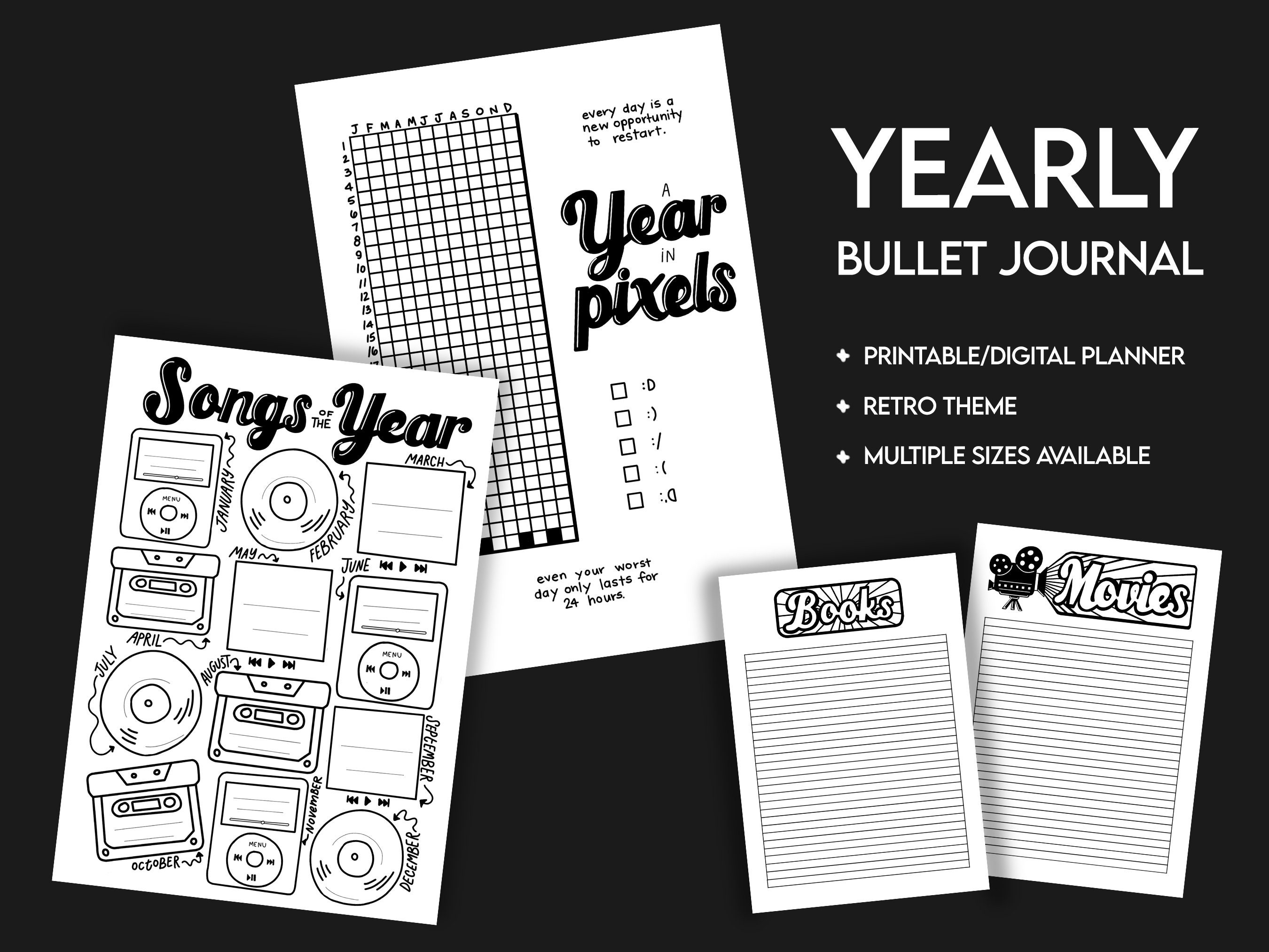 Yearly Bulleted Journal Digital Download Black & White | Retro Theme