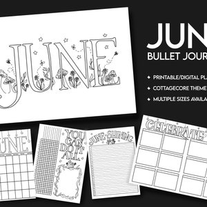June 2025 Bulleted Journal Digital Download Black & White | Cottagecore Themed