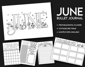 June 2024 Bulleted Journal Digital Download Black & White | Cottagecore Themed