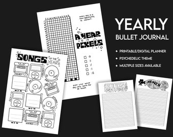 Yearly Bulleted Journal Digital Download Black & White | Psychedelic Theme