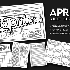 Diario con viñetas de abril de 2025 Descarga digital Blanco y negro / Tema nostálgico