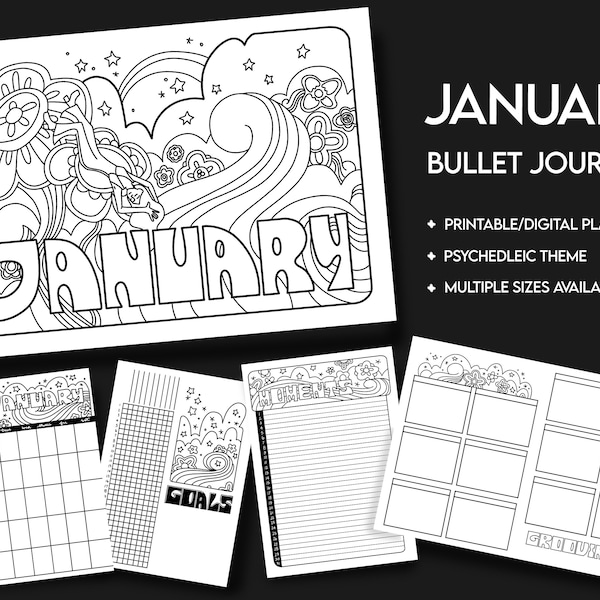 January 2024 Bulleted Journal Digital Download Black & White | Psychedelic Theme