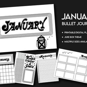 Könnte beinhalten: Schwarz-weißer druckbarer Januar-Bullet-Journal-Planer mit Jukebox-Thema. Der Planer enthält einen Kalender, einen Gewohnheitstracker und weitere Seiten zum Journaling.