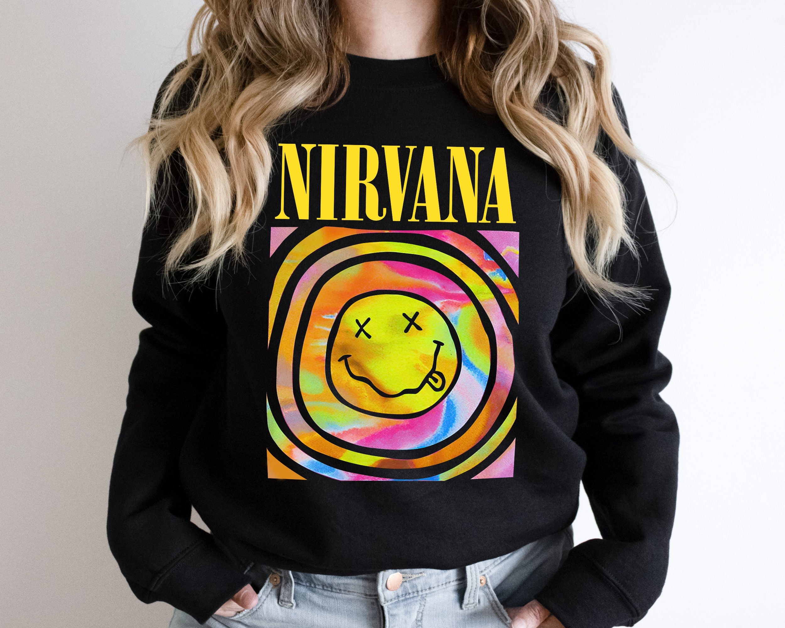 Discover Nirvana Sweatshirt, Nirvana Smile Face Crewneck Sweatshirt, Nirvana Smiley Face Sweatshirt