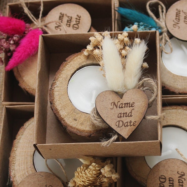 Favores de boda personalizados para invitados, vela de madera a la luz del té, favores de boda rústicos, favores de boda a granel, favores de boda personalizados