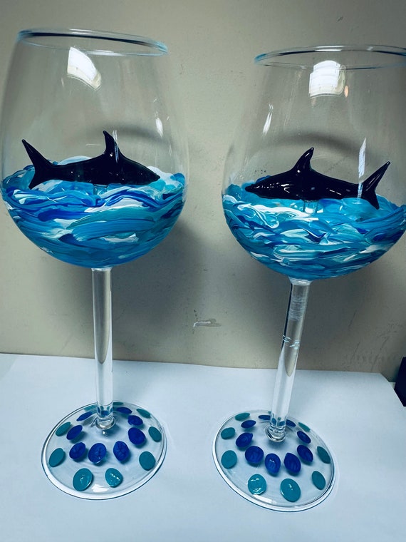 Hand Painted Stemmed Shark Wine Glass Pair - Etsy