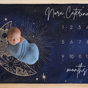 Custom Baby Milestone Blanket, Personalized New Mom or Baby Shower Gift, Baby Month Blanket for Newborn Gift - Galaxy, Stars and Moon