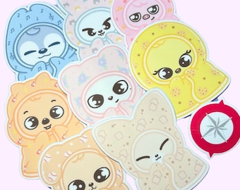 May include: A set of eight colorful stickers featuring cartoon animals wearing hooded jackets. The stickers are perfect for adding a touch of whimsy to laptops, water bottles, or journals.