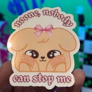K&ouml;nnte beinhalten: Ein Aufkleber mit einem Cartoon-Hund mit gro&szlig;en Augen und rosigen Wangen. Der Hund hat eine rosa Schleife und den Text "noone, nobody" dar&uuml;ber und "can stop me" darunter. Der Aufkleber wird in einer Hand gehalten.