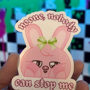 K&ouml;nnte beinhalten: Ein rosa Hasenaufkleber mit dem Text "noone, nobody can stop me". Der Hase hat eine gr&uuml;ne Schleife und eine schweine&auml;hnliche Nase. Der Aufkleber wird in einer Hand gehalten.