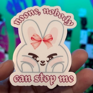 K&ouml;nnte beinhalten: Ein wei&szlig;er Aufkleber mit einem Cartoon-Hasen mit rosa Schleife und rosigen Wangen. Der Aufkleber hat den Text "noone, nobody" &uuml;ber dem Hasen und "can stop me" darunter, alles in Dunkelrosa.
