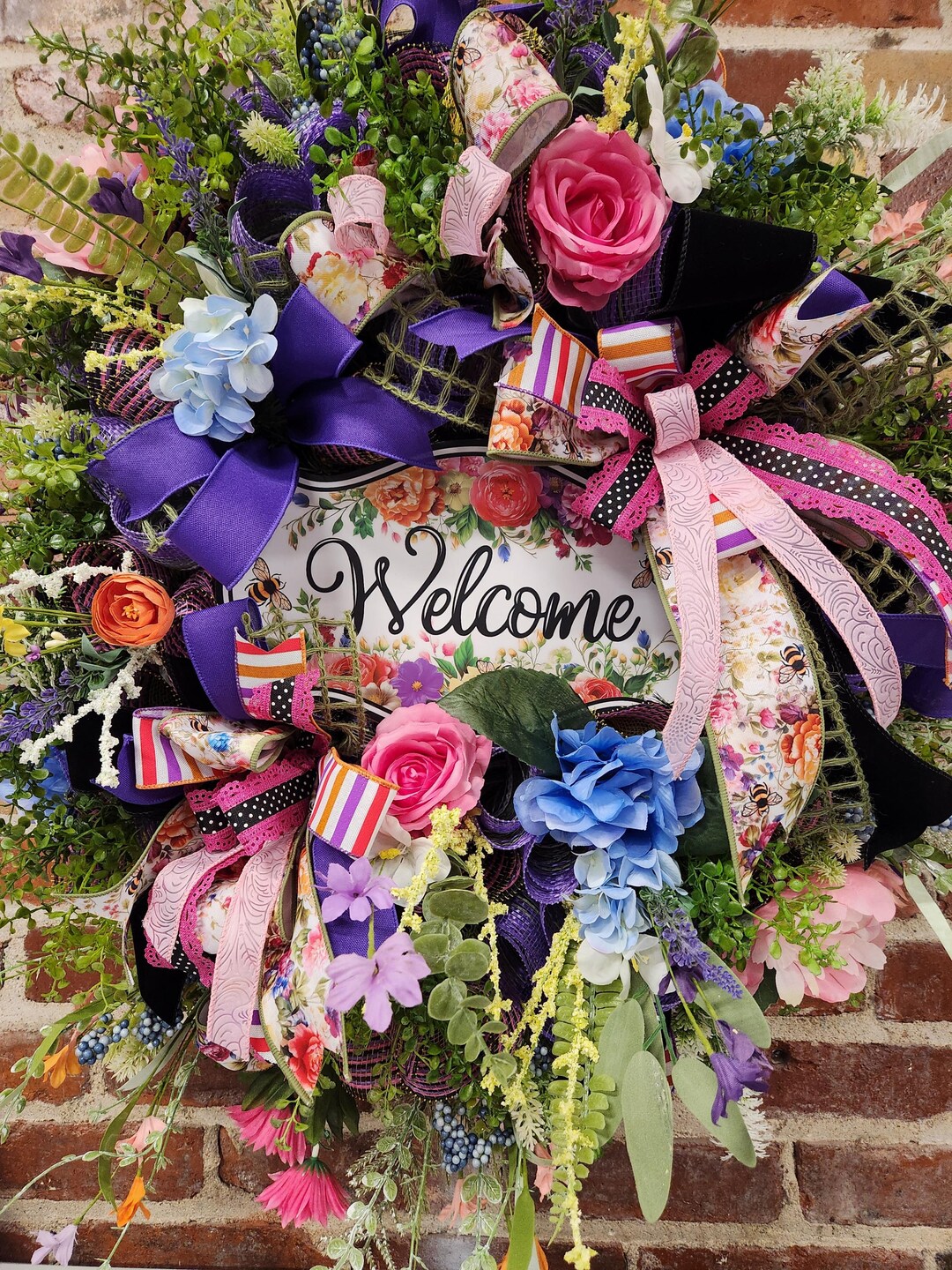 Spring Floral Welcome Wreath, Purple Pink and Blue Front Door Wreath ...