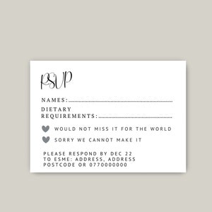 May include: RSVP card with the text "PSUP" at the top. It asks for names, dietary requirements, and has two options: "Would not miss it for the world" and "Sorry we cannot make it". It also includes a request to respond by December 22nd to a specific address and postcode.