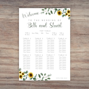 Sunflower Wedding Theme - Digital Wedding Table Plan - Downloadable Seating Plan - Print at home or a print shop -  Seating Chart