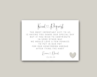 A6 Printed Personalised Invitation Poem Inserts -Polite Note For Money Gift -Honeymoon Money -Enclosure Card - Weddings, Birthdays, Funerals