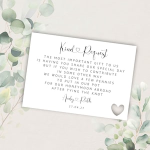 Personalised Wedding Gift Request Card, Linen Embossed with Heart Polite Note