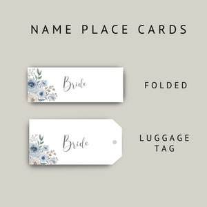 Blue Floral Name Place Cards -  Name Tag -  Wedding Luggage Tag Labels - Wedding or Event Folded Place Cards - Floral Wedding Decor Dusky