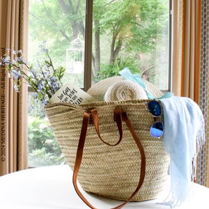 French BASKET Market Basket with a leather fruit basket, Straw Bag, French Market, Basket, grocery market bag