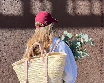 Cesta de paja francesa Mochila de mercado con una cesta de frutas de cuero, bolsa de paja de doble asa, mercado francés, cesta, bolsa de mercado de comestibles