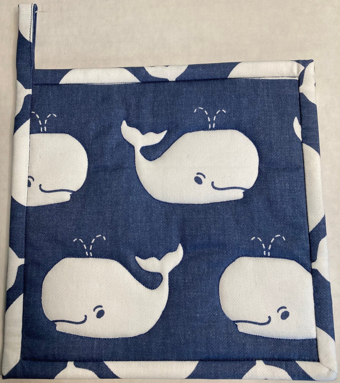 Whale Potholder, Homemade Potholder, White Whale on Blue Potholder