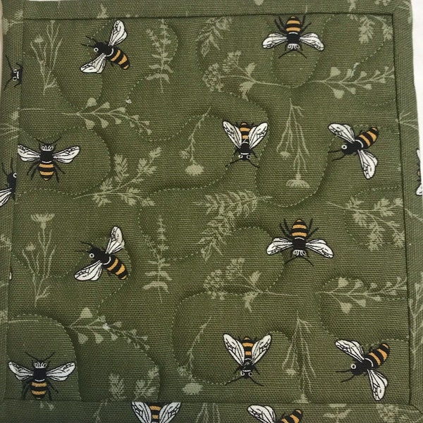 OUR BEST SELLER!   Green Bee potholder, handmade with durable upholstery fabric.  8"x8".  Great for Father's Day, Mother's Day, Birthdays.