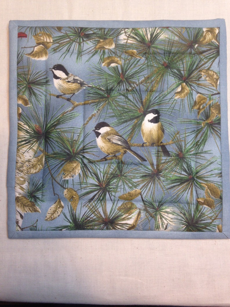 Chickadees A Whole-Cloth Cotton Print with Dusty Blue Background Potholder Great Gift Idea Adorable