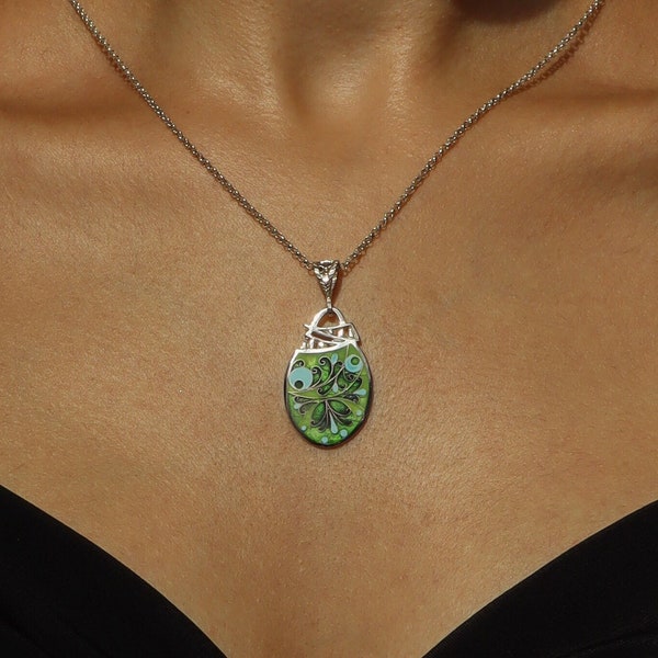 Unique Abstract Cloisonne Enamel Pendant, Green Enamel Statement Necklace, Cloisonné Necklace, Silver Handmade Jewelry, Georgian Enamel,