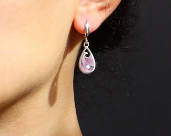 Enamel Silver Earrings in Pink And Purple, Geometric Drop Earrings, Handmade Gift For Her, Small Everyday Earrings, Cloisonne Enamel Jewelry