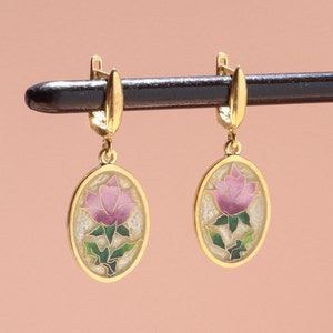 Gold Floral Earrings, Handmade Jewelry, Gold Dangle Earrings,  Minankari, Cloisonne Earrings, Gift For Her,  Cloisonne Enamel Jewelry,