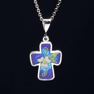 Cloisonne Cross Necklace, Silver Cross Pendant, Orthodox Cross Necklace, Handmade Sterling Silver Jewelry, Floral Enamel Cross, Minankari image 1
