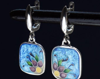 Sterling Silver Earrings, Cloisonne Enamel, Dangle Earrings, Handmade Jewelry, Georgian Enamel, Floral Earrings, Tbilisi
