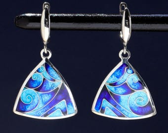 Sterling Silver Earrings, Blue Cloisonne Earrings, Georgian Enamel, Minankari, Gift For Her, Tbilisi Jewelry