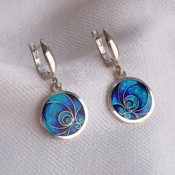 Sterling Silver Cloisonne Enamel Earrings, Navy Blue Earrings, Handmade Earrings, Gift For Women, Anniversary Gift, Dangle Earrings