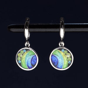 Sterling Silver Enamel Earrings, Minankari Earrings, Cloisonne Jewelry, Geometric Dangle Earrings, Georgian Enamel, Handmade Jewelry