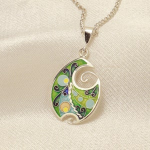 Unique Cloisonne Enamel Necklace, Green Enamel Pendant, Elegant Sterling Silver Necklace, Handmade Jewelry, Georgian Enamel, Artisan Jewelry